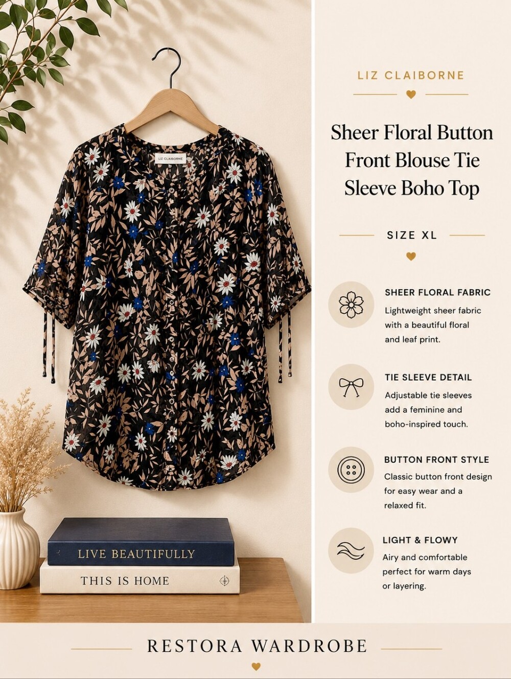Liz Claiborne XL Sheer Floral Tie Sleeve Blouse Romantic Boho